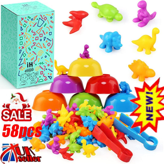 Montessori Toys 58 Pieces, Rainbow Counting Dinosaurs with Color Matching Cups
