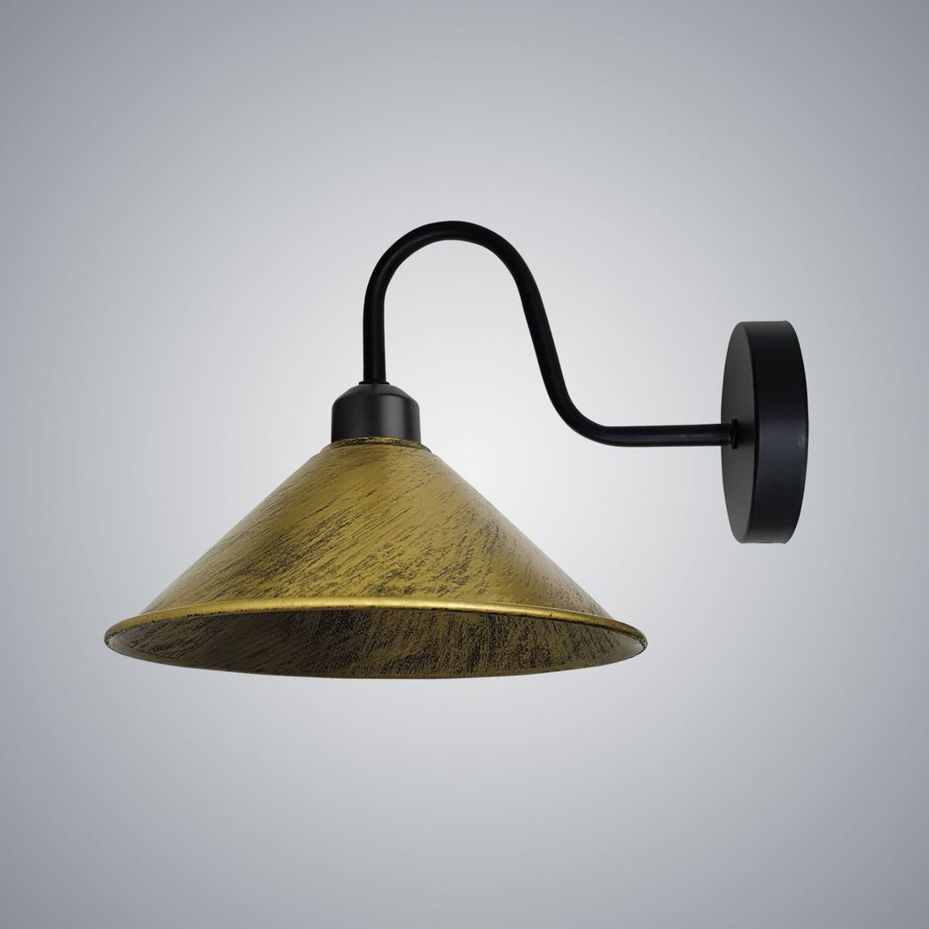 Brushed Brass Wall Light Fixture,Black Wall Sconce E27 Base Socket Screw Type Wall Mounted Swan Neck Cone Shape Shade