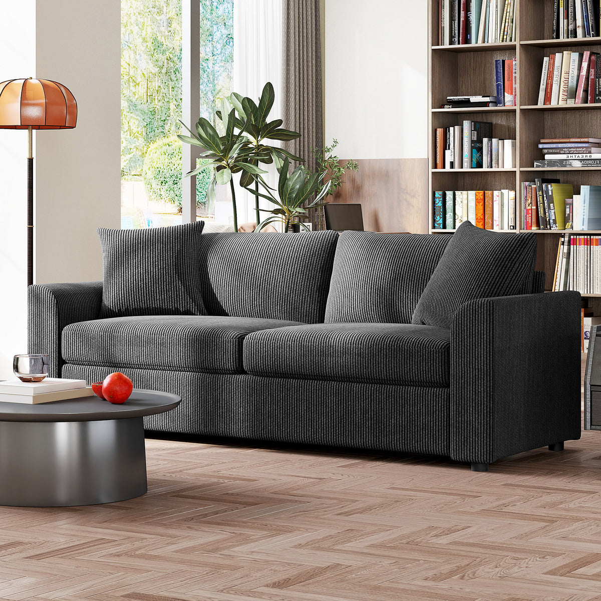 HOMCOM 3 Seater Sofa, 212cm Corduroy Couch with Spring Cushion, Wide and Deep Seat, Plush Backrest, 2 Pillows, Sofa Settee for Living Room, Home Office, Grey