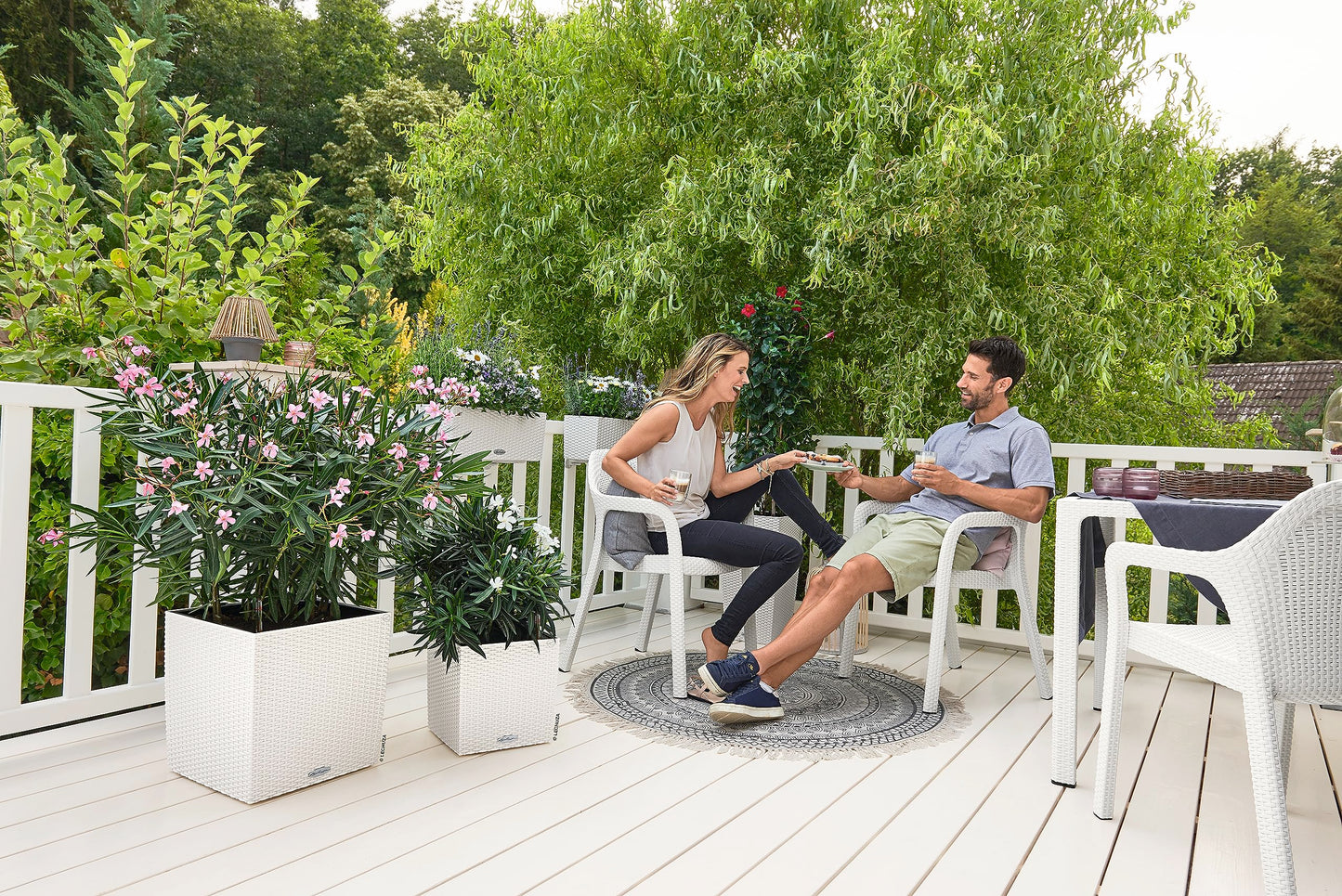 Lechuza Self Watering Plant Pots CUBE Cottage 40 Rattan Look Plastic Garden Outdoor Indoor Planter with Drainage Hole H40 L40 W40 cm White