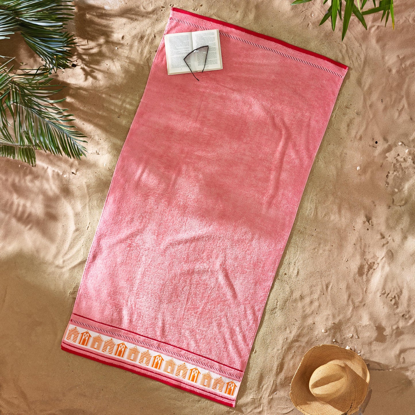 Catherine Lansfield Beach Huts90x180cm Cotton Extra Large Beach Towel Coral