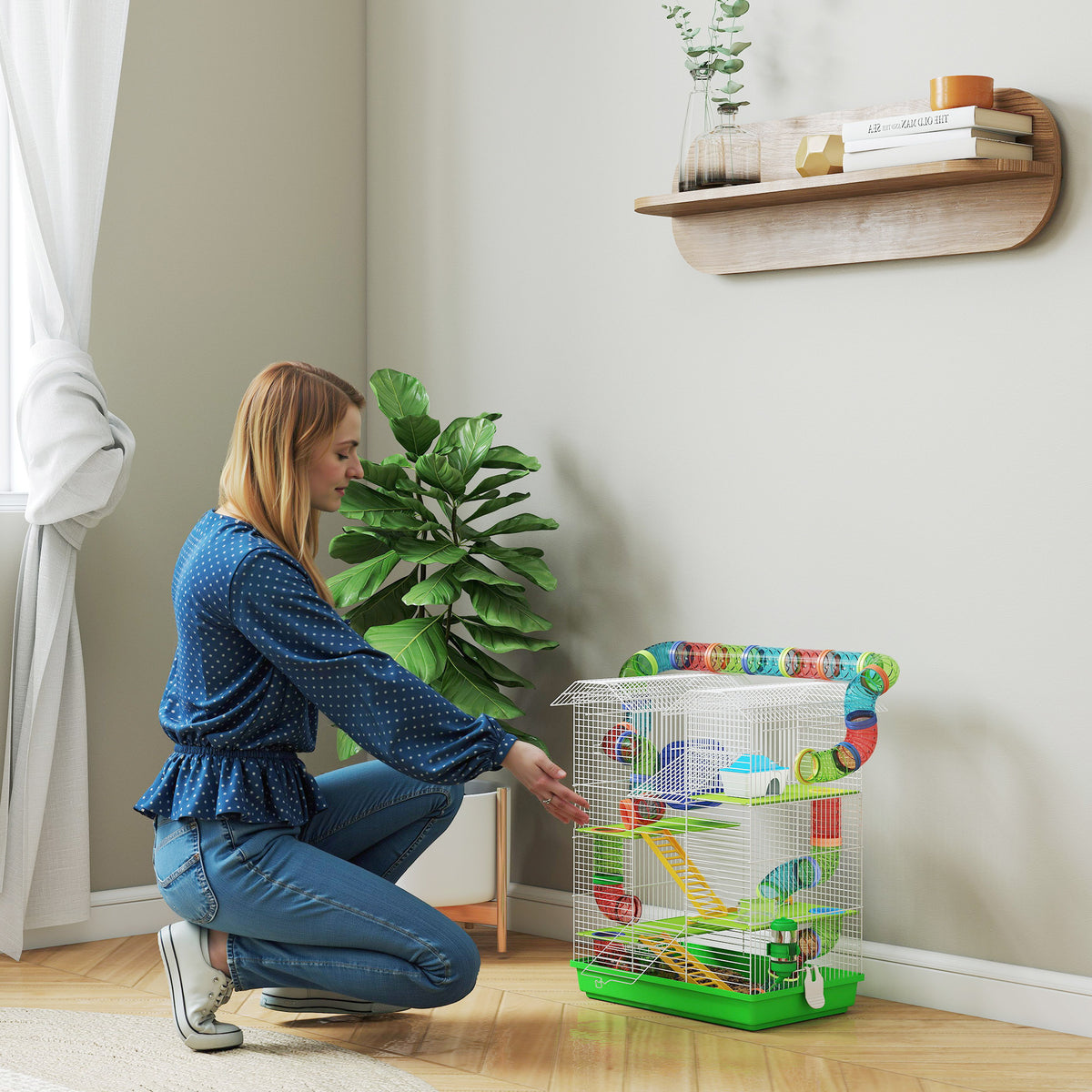 PawHut Hamster Cage, 5 Tier Carrier Habitat with Exercise Wheels Tunnel Tube Water Bottle Dishes House Ladder, Gerbil Cage for Dwarf Mice, Green