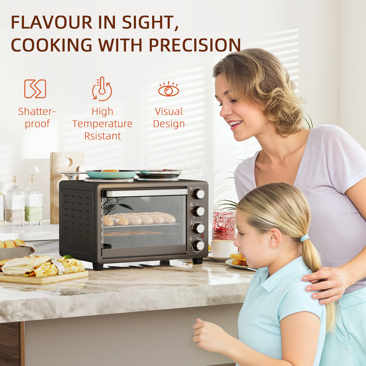 HOMCOM 28L Toaster Oven with Double Hotplate, 1600W Countertop MIni Oven with 60 Minute Timer & 230°C Temp Control, Baking Tray & Wire Rack, Black