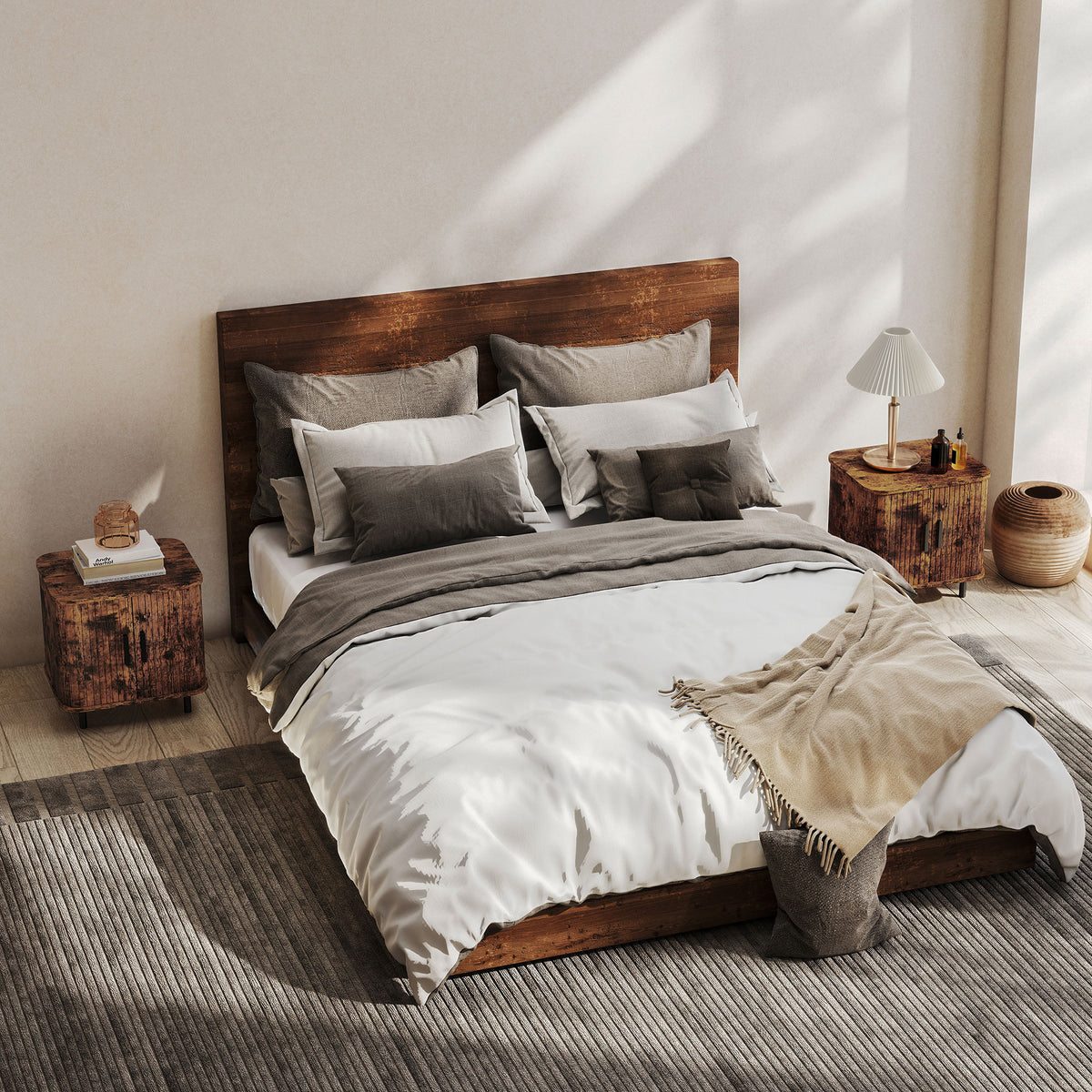 HOMCOM Nightstand with Sliding Doors and Metal Legs Rustic Brown
