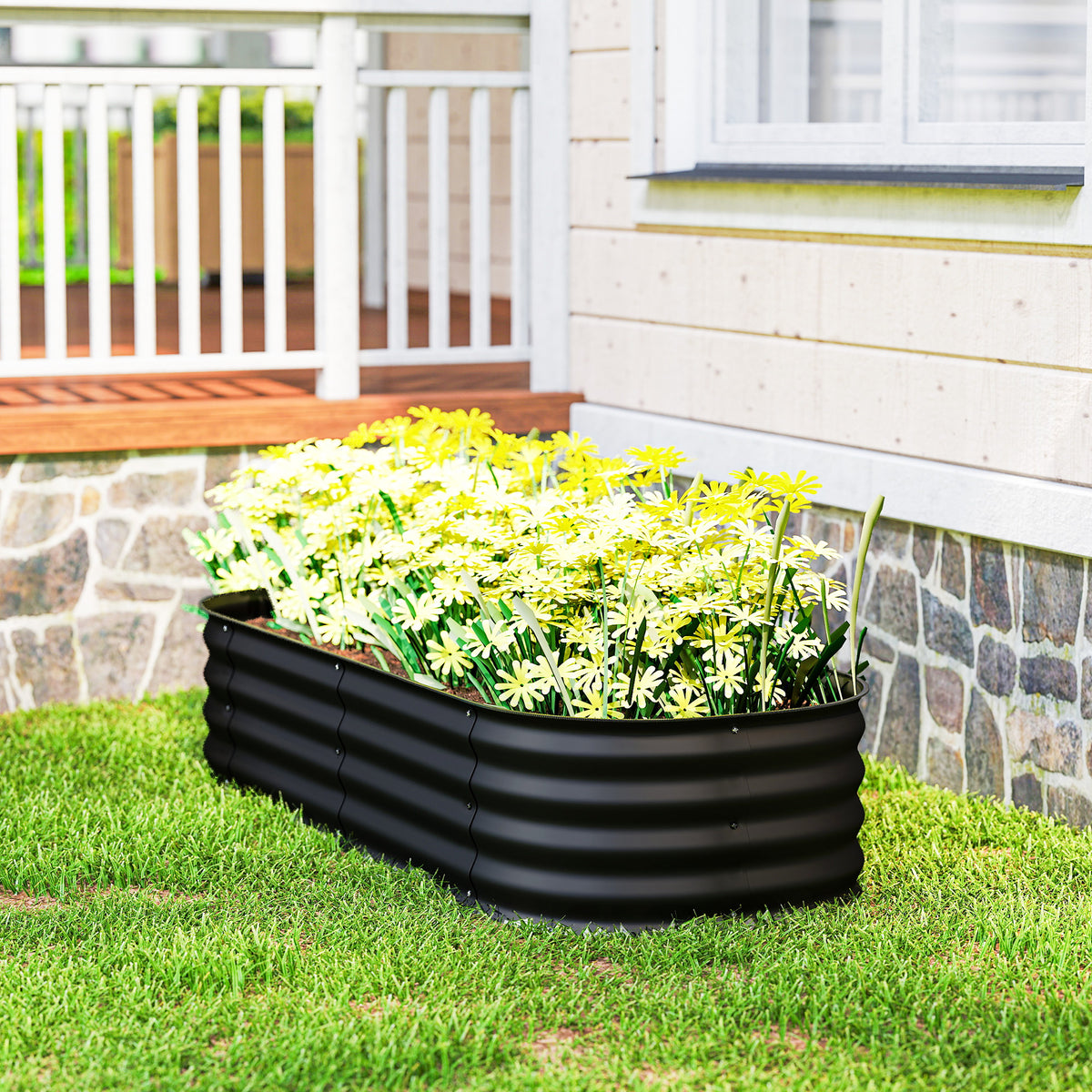 Outsunny Galvanised Raised Garden Bed, Metal Planter Box with Safety Edging, for Flowers, Herbs, Succulents, Black