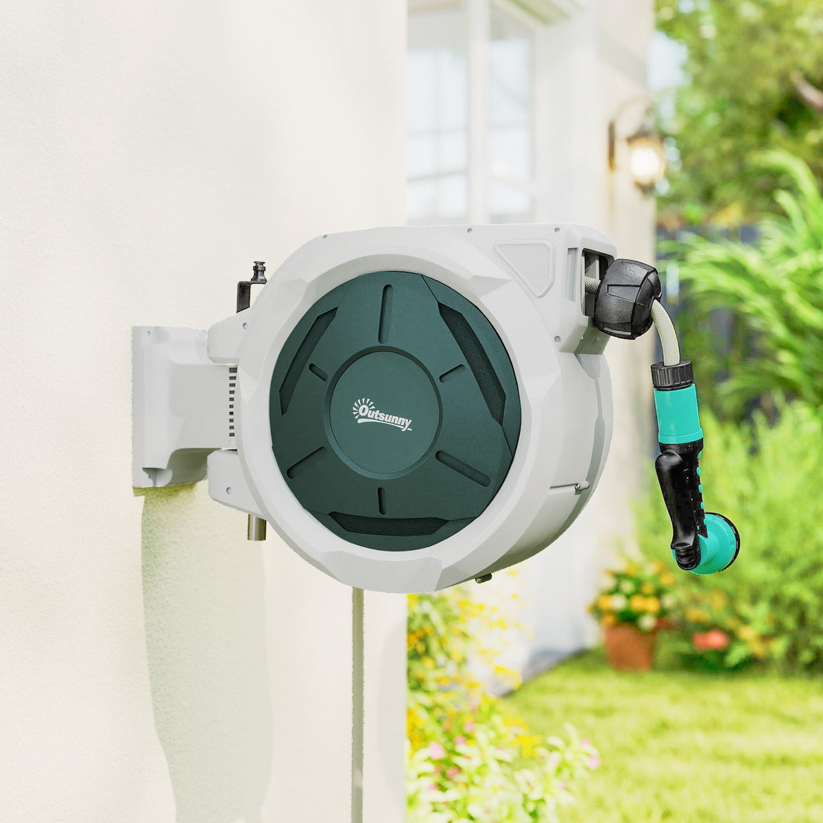 Outsunny Retractable Hose Reel Wall Mounted, 30+2m Garden Hose Pipe Reel with Lock, Auto Rewind, 7 in 1 Spray Nozzle, Includes Wall Fixings, 180° Swivel, Outdoor Watering, 59 x 23 x 42 cm, Grey