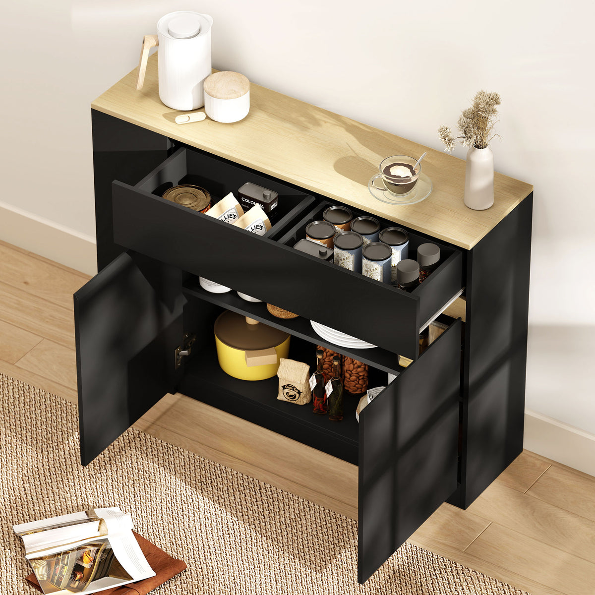HOMCOM Kitchen Island, Storage Cabinet with Adjustable Shelf, 2 Drawers, 3 Open Shelves, Black