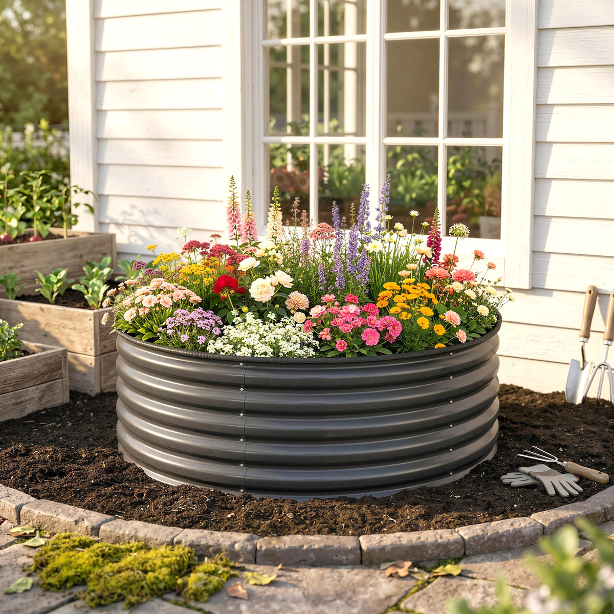 Outsunny Galvanised Raised Garden Bed with Safety Edging, Outdoor Raised Planter Box with Gloves, 120 x 120 x 43cm, Dark Grey
