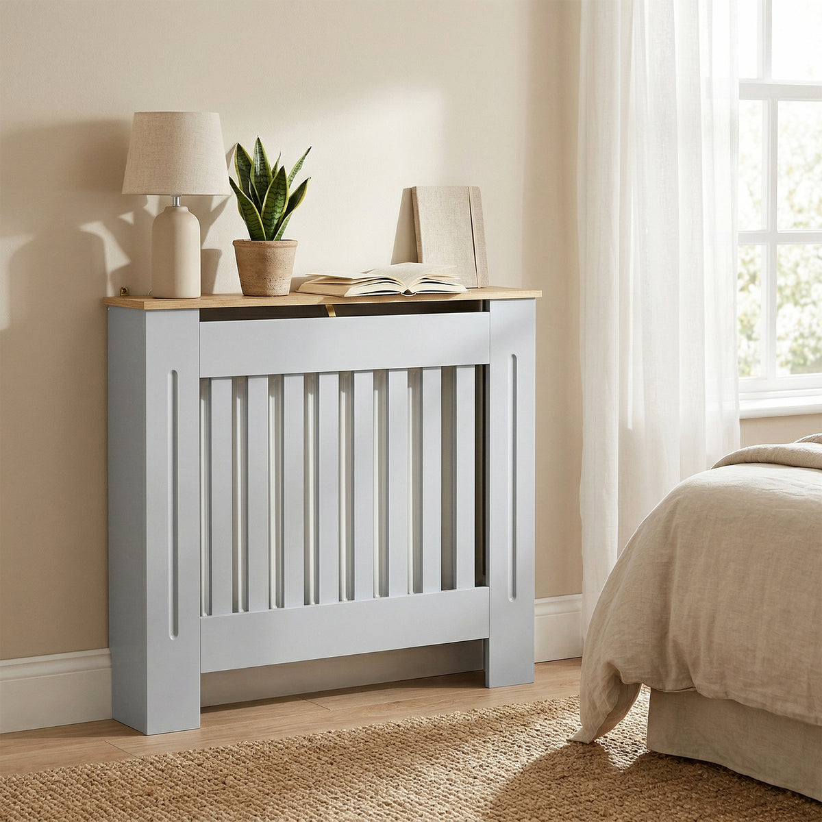 HOMCOM Heater Cover, Radiator Cover Slatted Painted MDF Lined Grill Grey, 78W x 19D x 81H cm