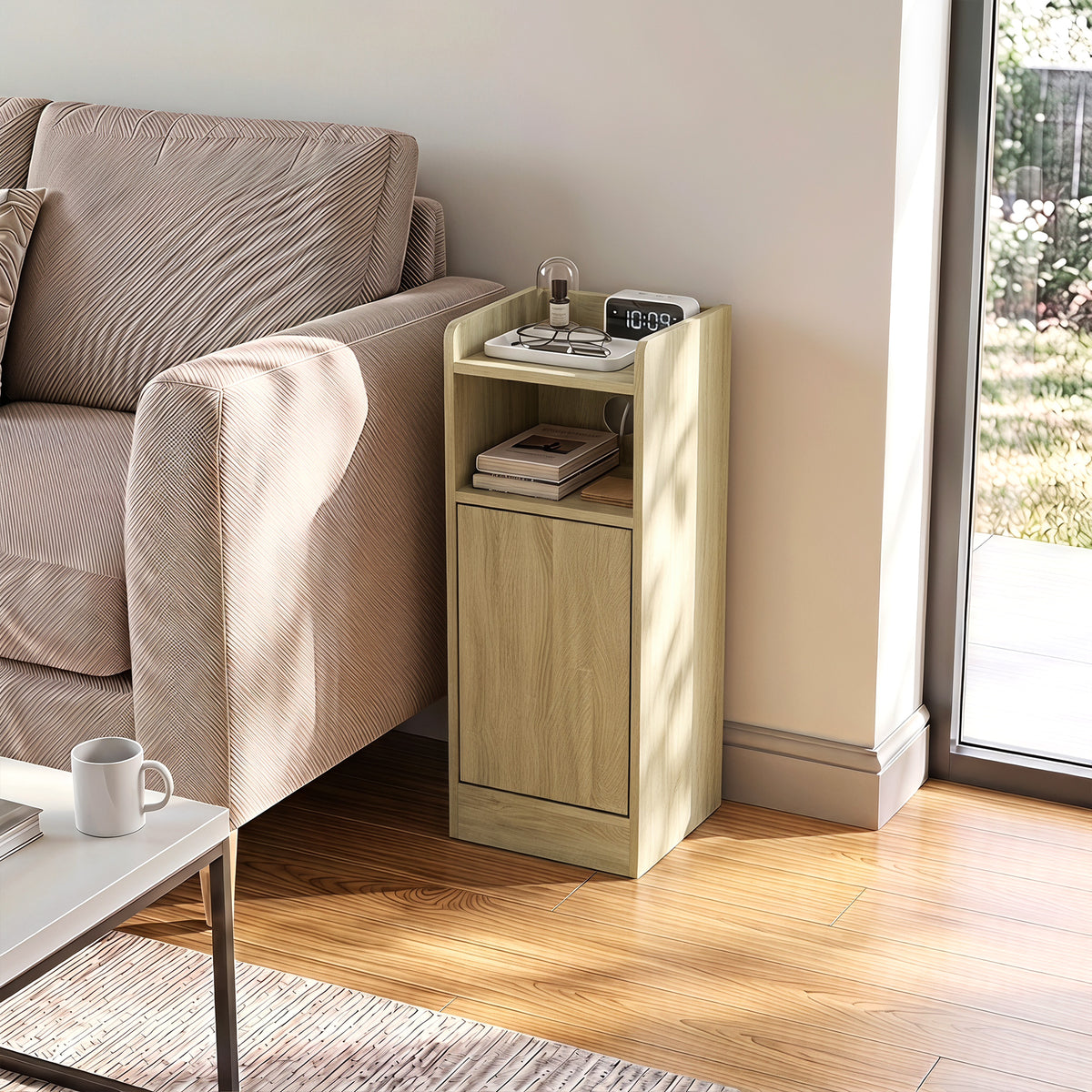 HOMCOM Slim Bedside Table Set of 2 with Charging Station, Narrow Bedside Cabinet with Adjustable Shelf, Oak