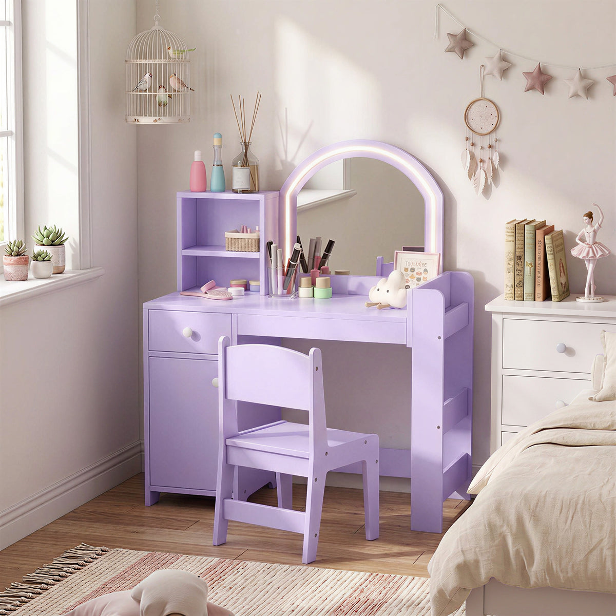 AIYAPLAY Kids Vanity Table and Chair Set, Kids Vanity Table with 2-Colour LED Mirror, Stool, Cabinet, Drawer, Shelves, Purple