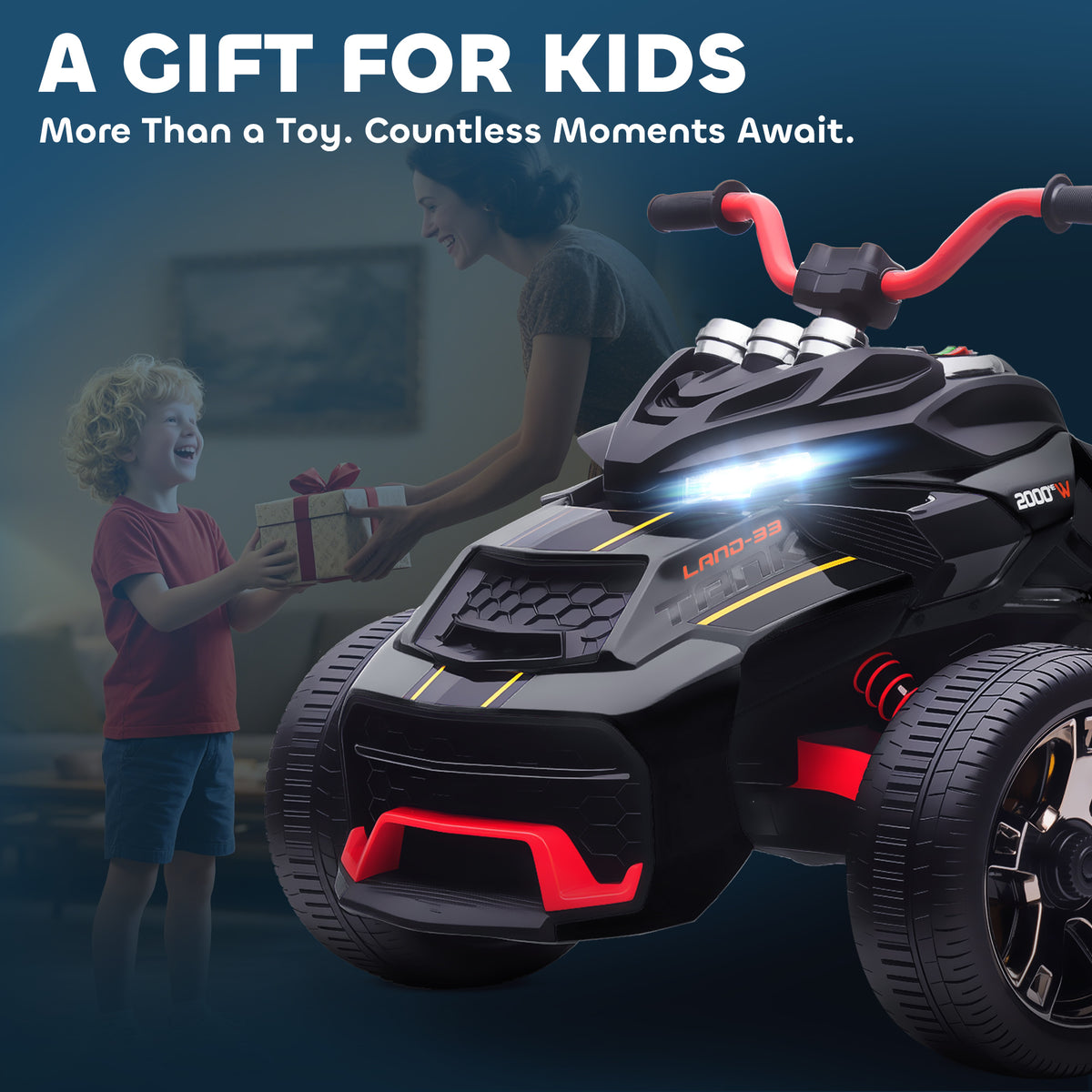 AIYAPLAY 12V Kids Electric Ride On Car with 3 Wheeler, MP3 Player, Horn, 2 Speeds, LED Lights for Boys & Girls Ages 3-8, Black