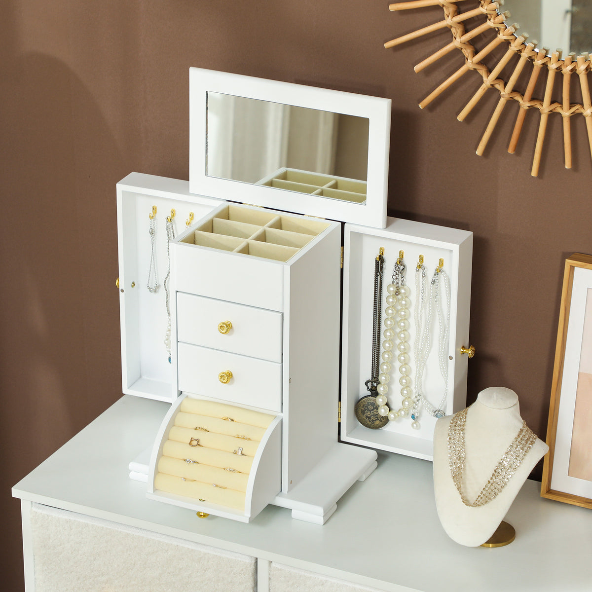 HOMCOM 4-Tier Jewellery Box with Mirror and 3 Drawers - White