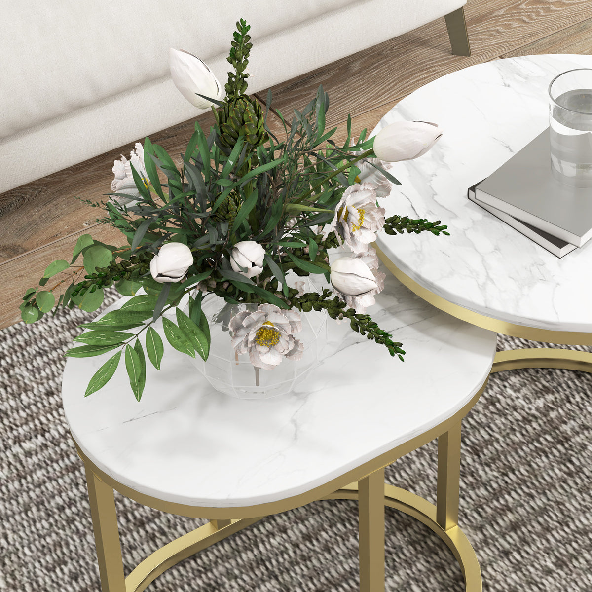 HOMCOM Nest of Tables with Steel Frame and Faux Marble Tabletop, Modern Coffee Table Set of 2, Gold Tone/White