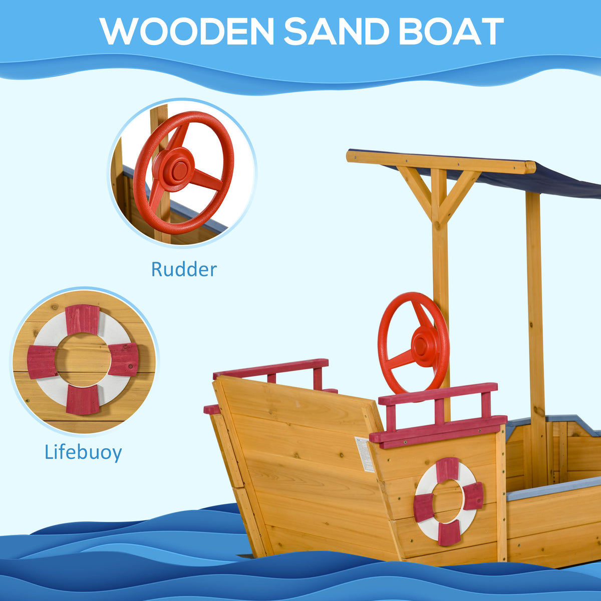 Outsunny Sand Pit, Kids Wooden Sandbox Pirate Ship, Sandboat Play Station with Canopy Shade, Storage Bench and Bottom Liner for Outdoor Garden