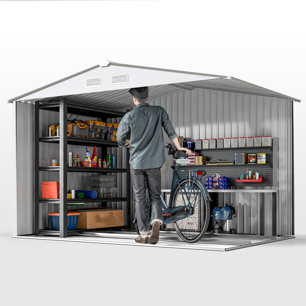 Outsunny Metal 9 x 6FT Bike Shed, Mobility Scooter Shed House with Foundation Kit, Ventilation, Silver