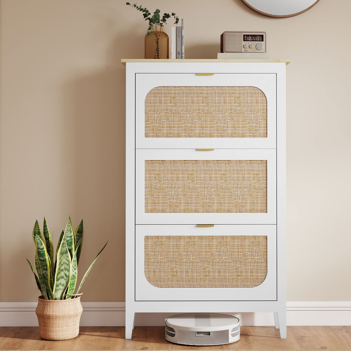 HOMCOM Narrow Shoe Cabinet, Boho Slim Shoe Storage Cabinet with 3 Flip Drawers, Holds 21 Pairs, White