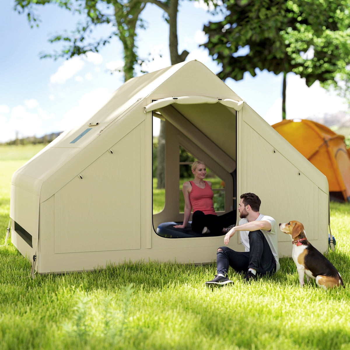 Outsunny Inflatable Camping Tent with Pump, Stove Jack Hole, Easy Setup 2-4 Person Family Blow Up Tent, Waterproof Glamping Luxury Inflatable Tent, Mesh Windows, Doors, Hook, Carry Bag, Beige