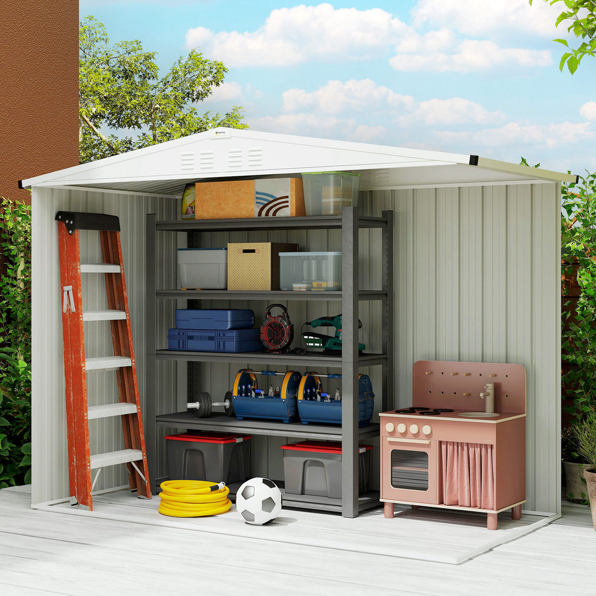Outsunny 8 x 4 ft Metal Garden Shed, Garden Storage Shed with Window, 4 Vents and Lockable Door, Waterproof Galvanised Steel Tool Storage Shed, Light Grey