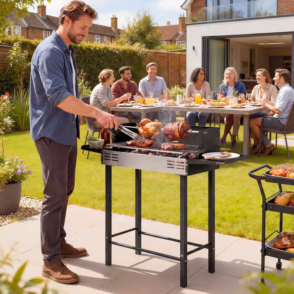 Outsunny BBQ Rotisserie Grill Roaster Charcoal Spit Roasting Machine for Chicken Turkey with 3-Level Grill Grate, Side Shelves