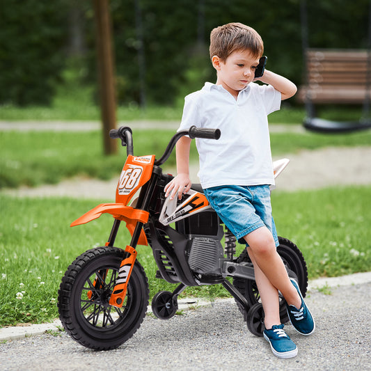 AIYAPLAY Kids Electric Motorcycle, 12V Ride On Motorbike with Training Wheels, Soft Start, Suspension, Music for 3–6 Y, Orange