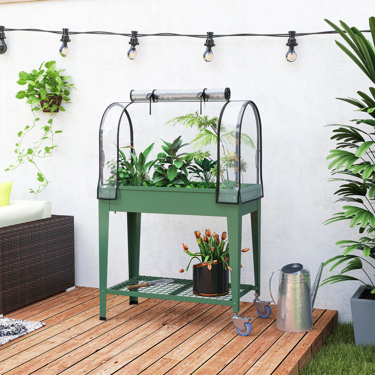 Outsunny Raised Planter with Greenhouse Cover, Mobile Elevated Garden Bed with Wheels and Bottom Shelf for Vegetables, Green