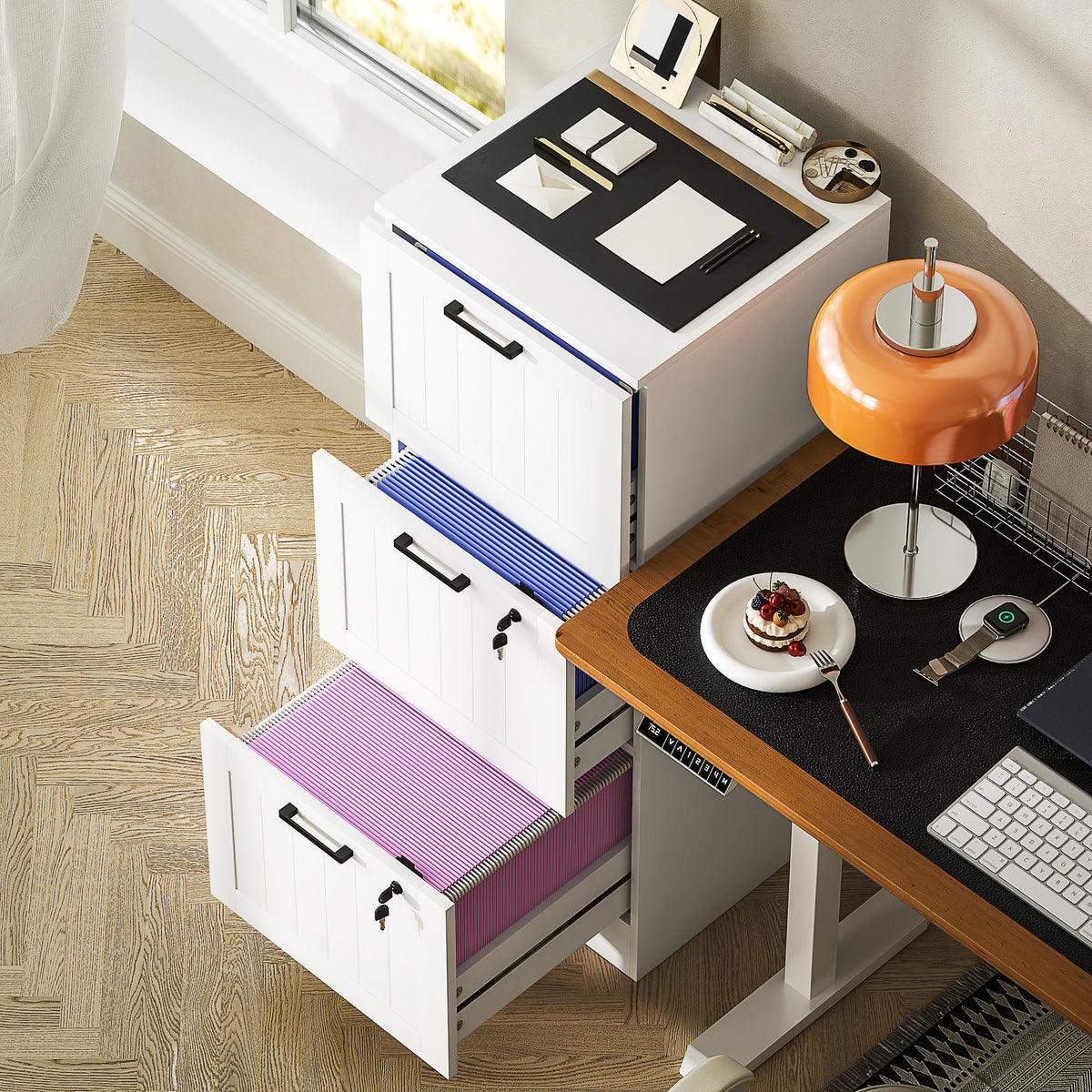 HOMCOM 3 Drawer Filing Cabinet with Lock, Office Storage Cabinet with Adjustable Hanging Bars for A4 Letter Size Files, White