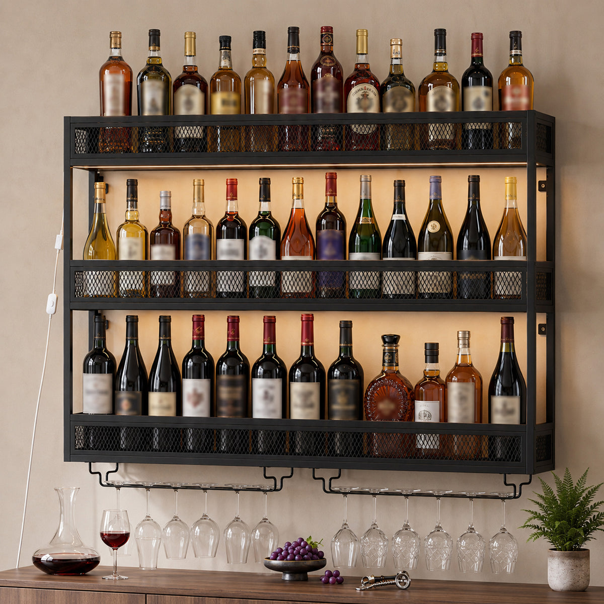 HOMCOM Wall-Mounted Wine Rack with LED Lights, Glass Holders, Open Shelf, Metal Storage Rack, Black