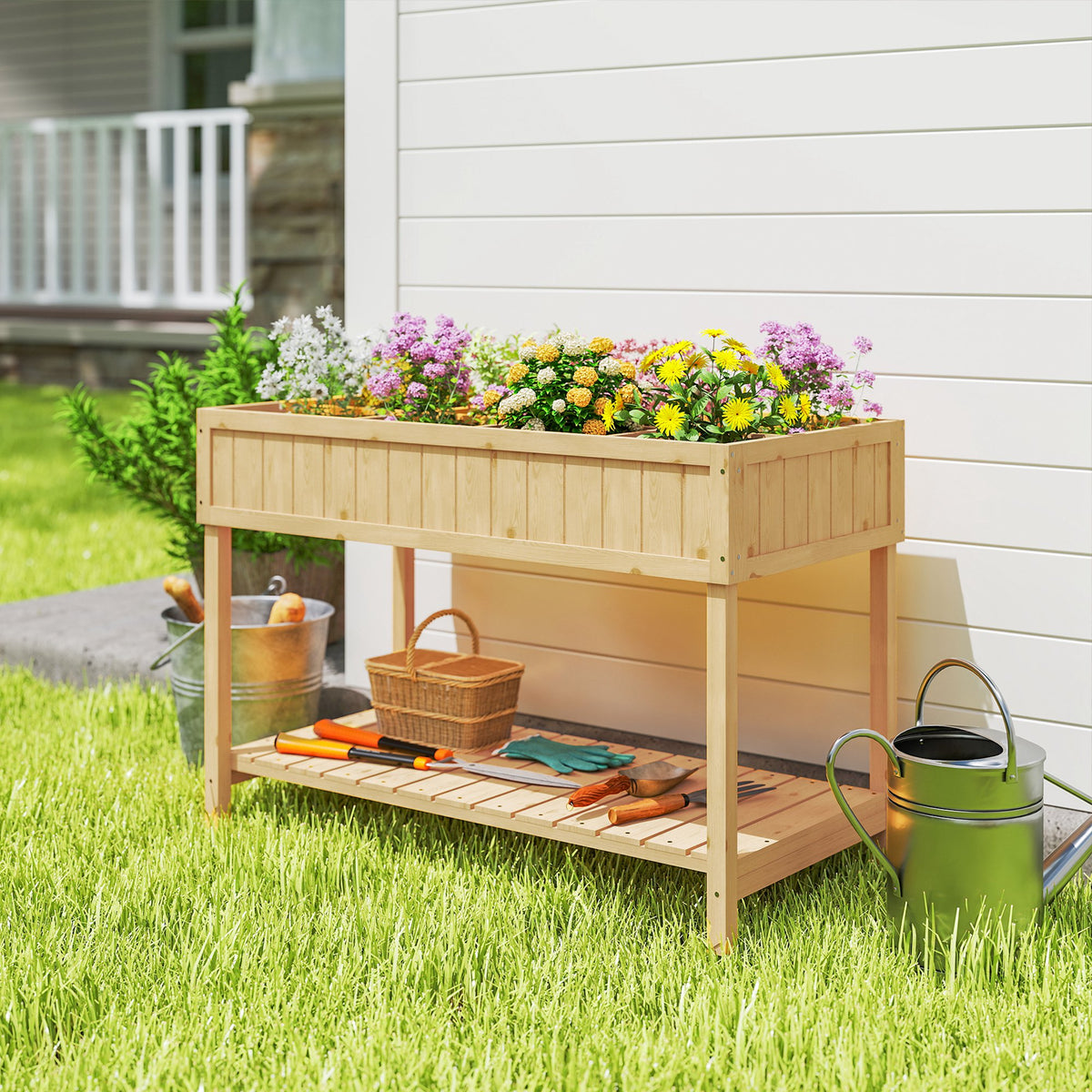 Outsunny Garden Wooden Planters, Rectangular 8 Compartment Plant Stand, Oak Tone