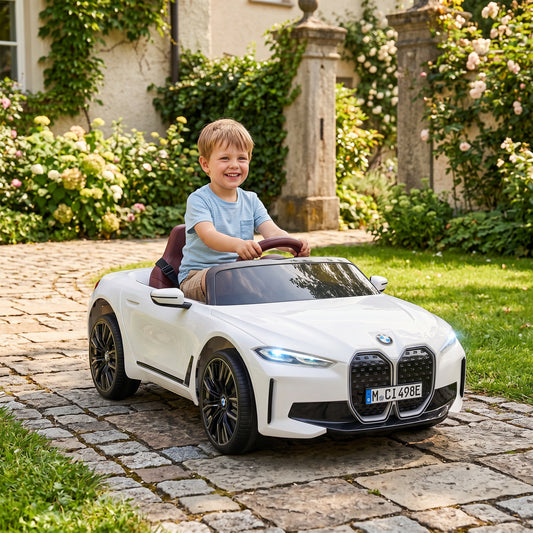 HOMCOM BMW i4 Licensed 12V Kids Electric Ride-On Car, White, Red and Light Blue