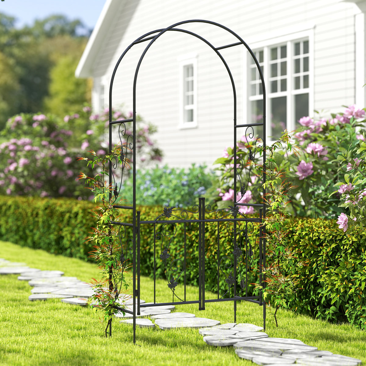 Outsunny 2.17m Steel Garden Arch with Gate, Wedding Arch for Outdoor, Garden, 107W x 45D x 217H cm Black