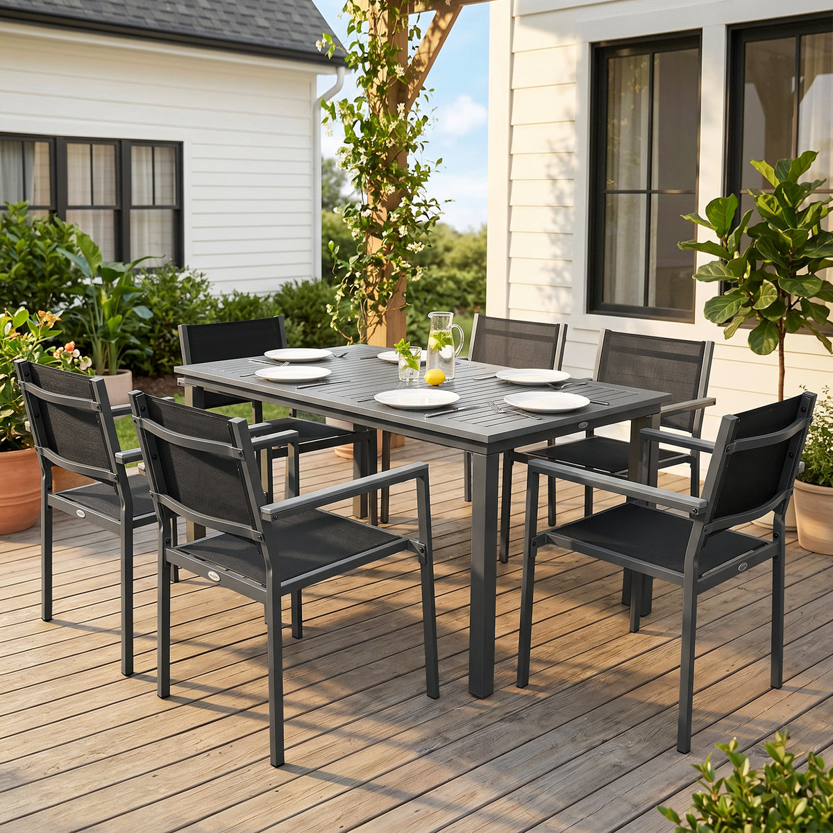 Outsunny Garden Dining Set with Acacia Wood Table Top, Outdoor Table and Stackable Chairs Set for 6 with Texteline Seat, Grey