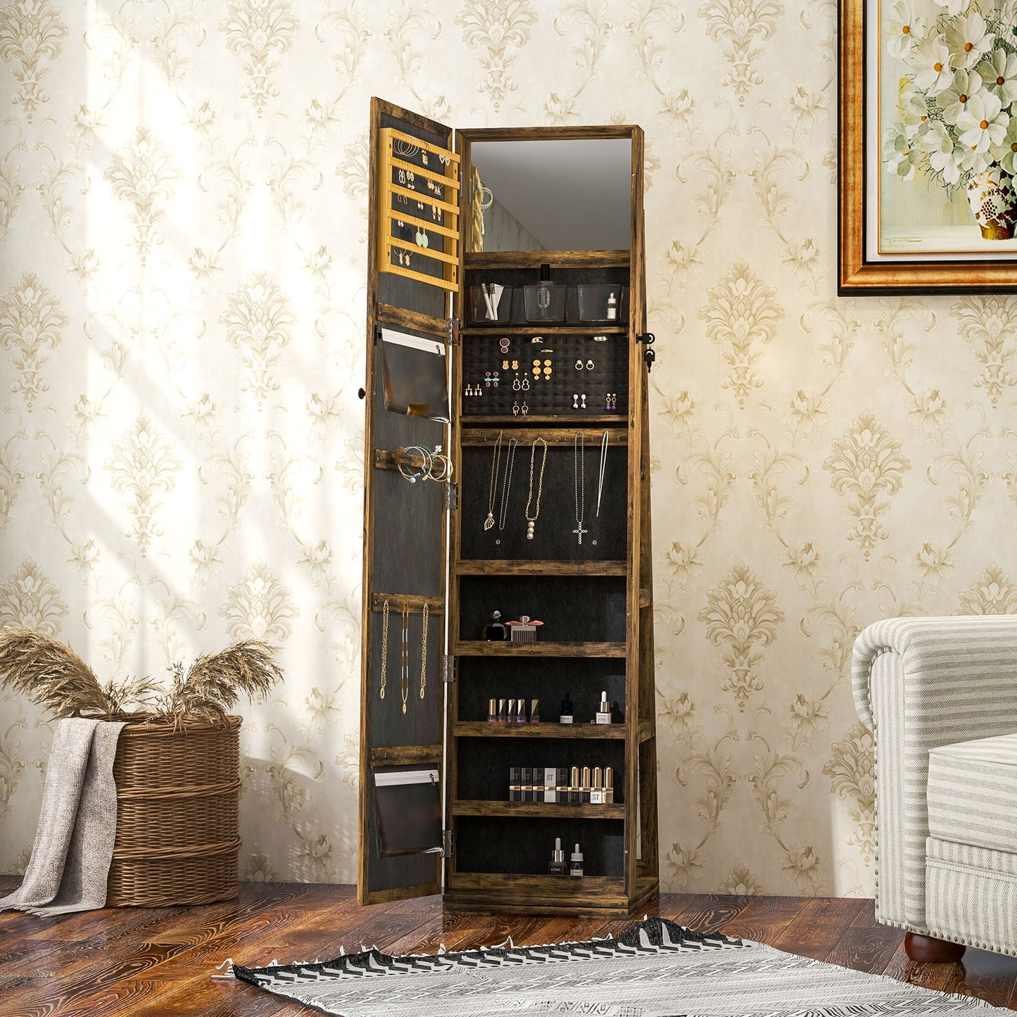 HOMCOM Jewelry Cabinet Full Length Mirror Swivel Lockable Jewelry Organiser
