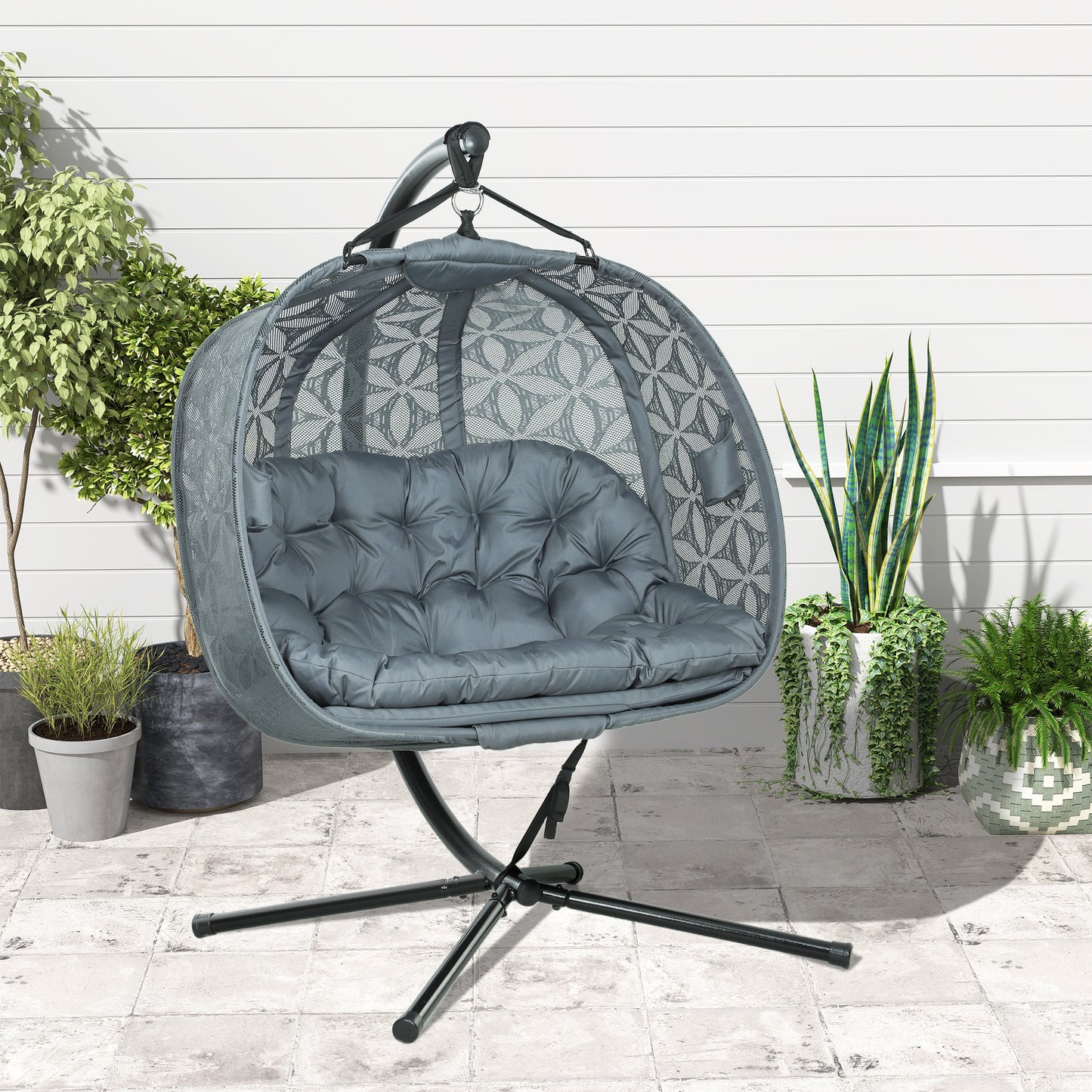 Outsunny Double Hanging Swing Chair w/ Stand & Cup Holders, Charcoal Grey