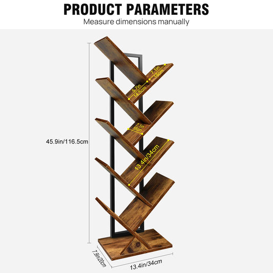 BRIEFNESS 9-Tier Tree Bookshelf,Floor Standing Bookcase,Tree Shaped Book Shelves,Display Storage Shelving Units Storage Rack