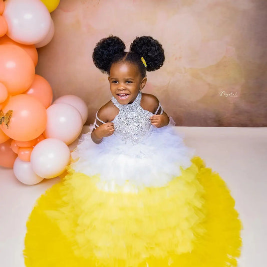 Luxury Girls Birthday Dresses Customized White & Yellow Tiered Tulle Flower Girl Dresses for Wedding Party Baby Girls Prom Gowns