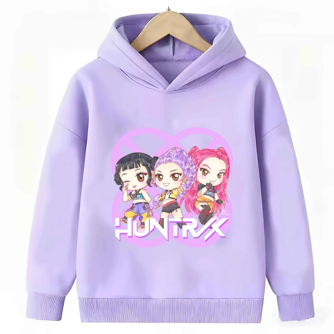2026 New Kpop Demon Hunter Cartoon Hoodie Kids Boys Girls Purple Warm Casual Loose Sweatshirt Children Fashion Streetwear Tops