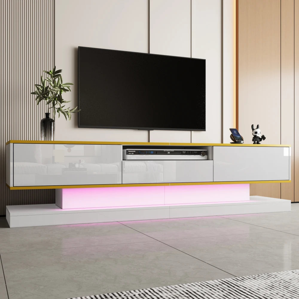 PINGGO Modern TV Cabinet with Three Drawers and an Open Compartment - High Gloss with Color-Changing LED Lights, 180*38*45cm