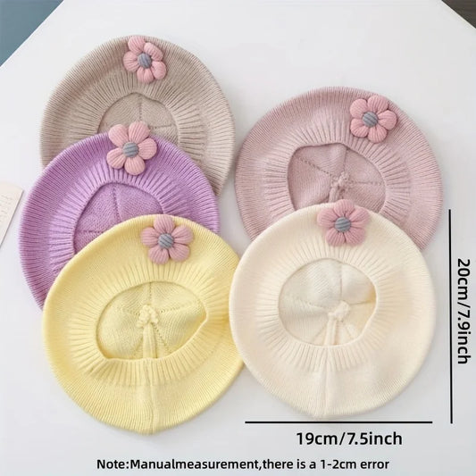 Flower Baby Beret Hat Winter Warm Knitted Beanie Cap for Infant Girls Korean Toddler Princess Artist Solid Color Painter Caps