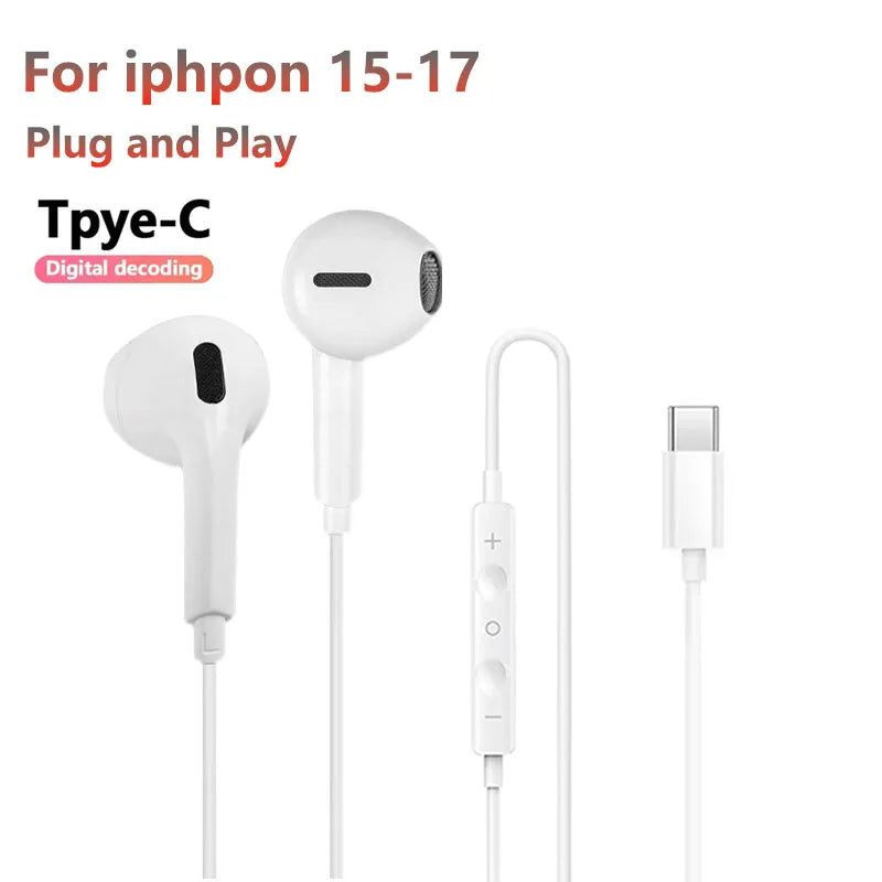 Original Headphones USB C for Apple iphone Lightning 16 15 Pro Max 14 13 12 11 X XR 7 8 Plus Type C Wried Earphone Bass Earbuds