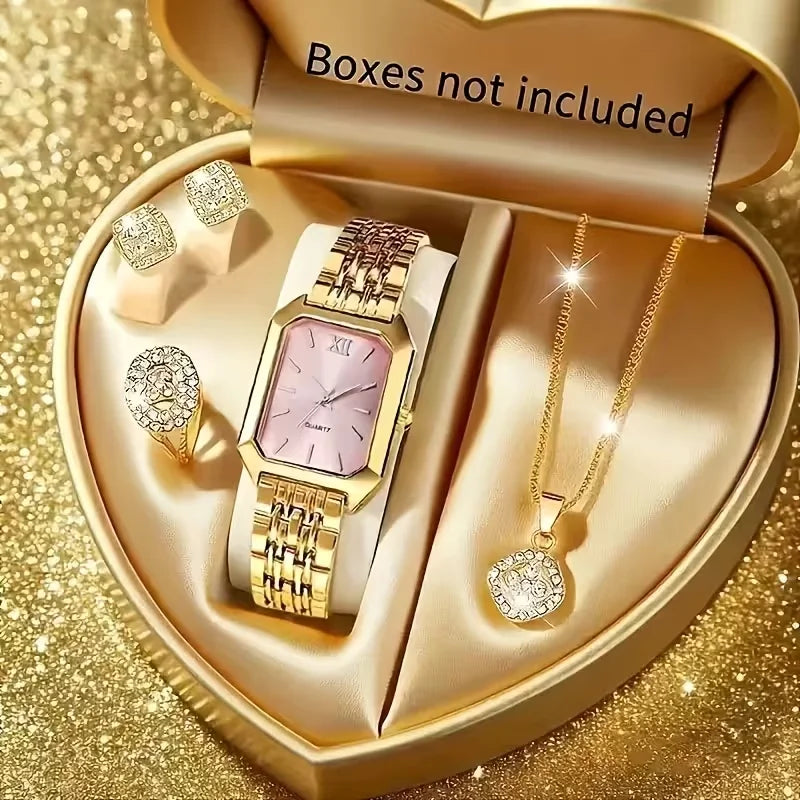 5PCS Womens Elegant Rectangle Rhinestone Quartz Watch Jewelry Set Fashion Women Watches Reloj Mujer Girl Clock Gift(Without Box)
