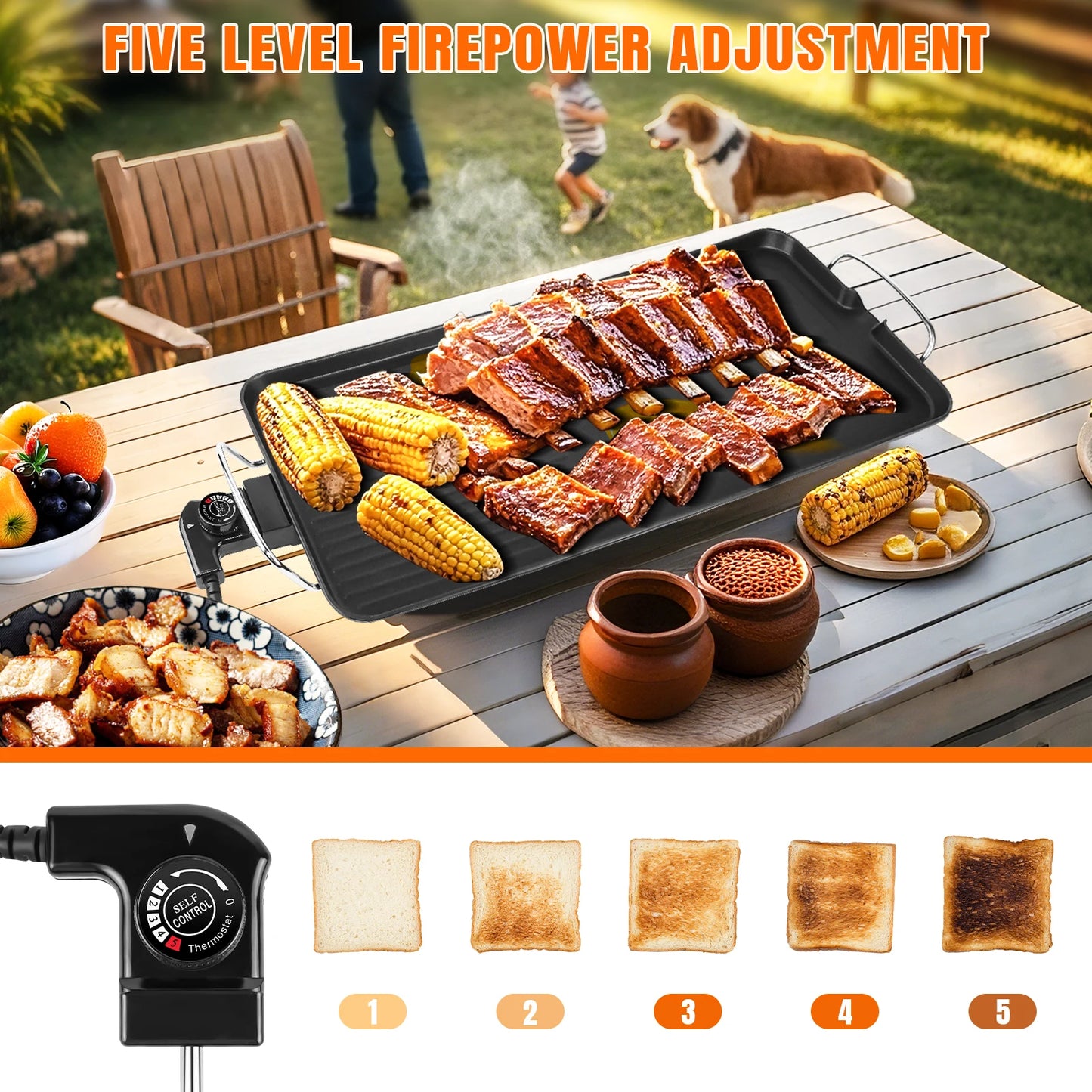BBQ Electric Grill, Removable Grill Rack, 5 Adjustable Temperatures, Portable 1500 Watts, For Indoor/Outdoor/Camping