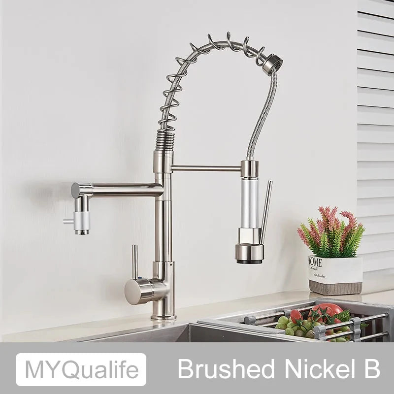 Black Pull Down Brass Kitchen Sink Faucet Hot Cold Water Mixer Crane Tap with Dual Spout 360 Rotation High Faucet Deck Mounted