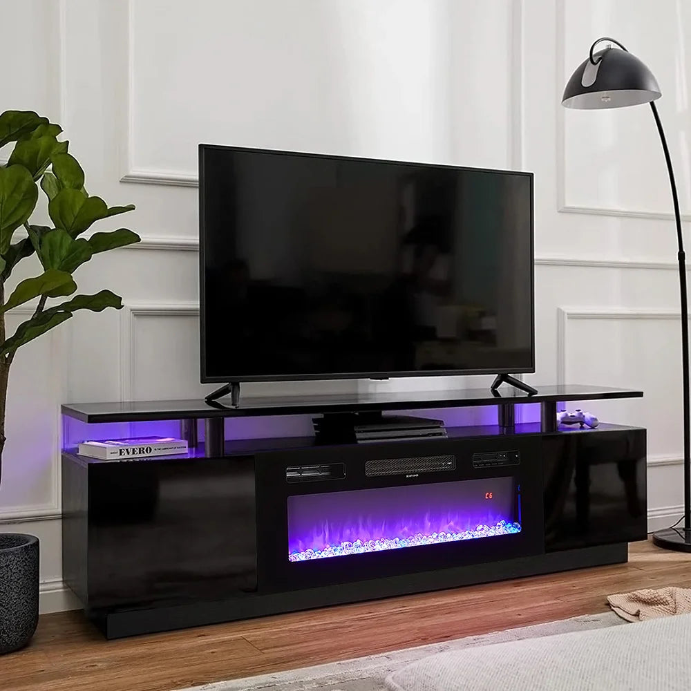 Electric Fire Insert TV Stand, 180cm Media Console Storage Table & 92cm Electric Fireplace with Remote Control, 12 LED Backlight