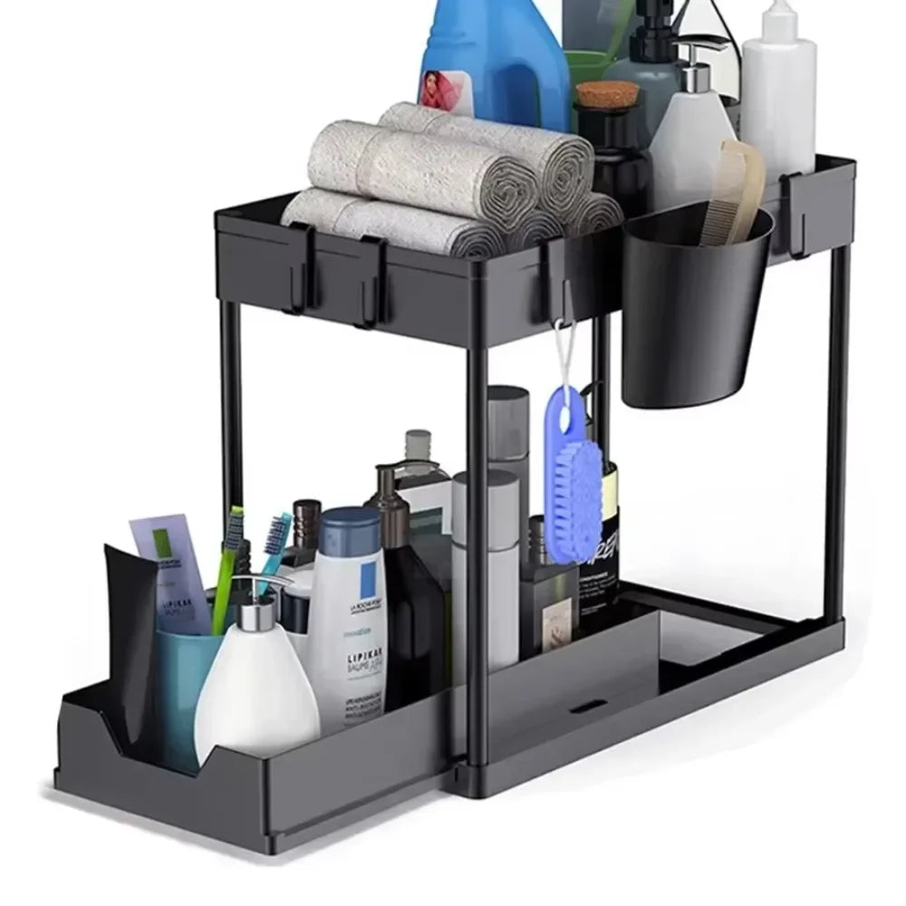 2-Tier Pull Out Under Sink Organizer, Storage Rack with Hooks & Cups, Space Saving Slide-Out Shelf for Kitchen Bathroom Cabinet