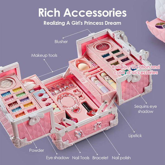 Kids Makeup Kit for Girls Princess Real Washable Pretend Play Cosmetic Set Toys with Mirror Non-Toxic & Safe Birthday Gifts