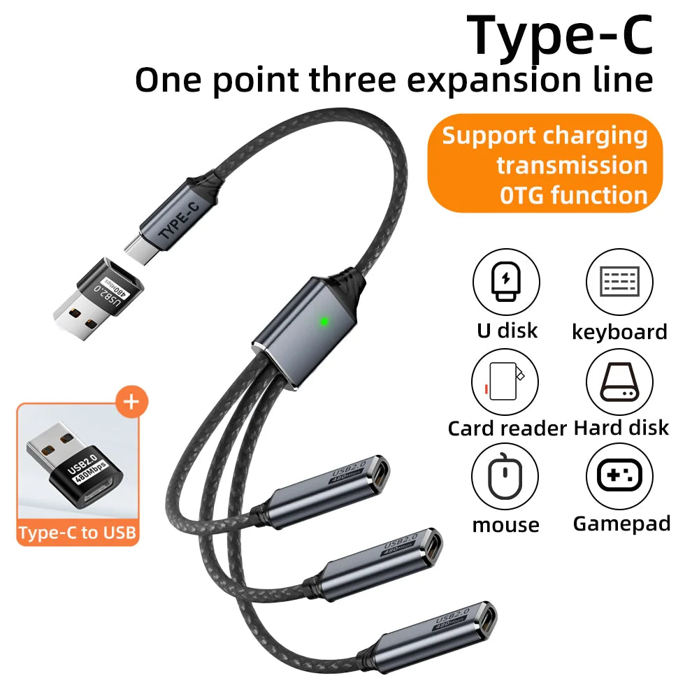 3 in 1 USB A & Type C Splitter HUB Expansion Cable Multi Port Expander OTG Adapter Fast Charging Data Sync for Phone Tablet