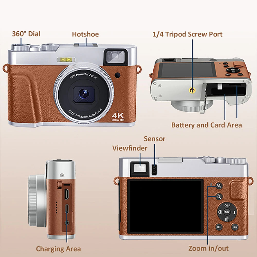 4K Digital Camera Auto Focus 48MP Vlogging Camera for YouTube and Anti-Shake Video Camera with Viewfinder Flash & Dial (Brown)