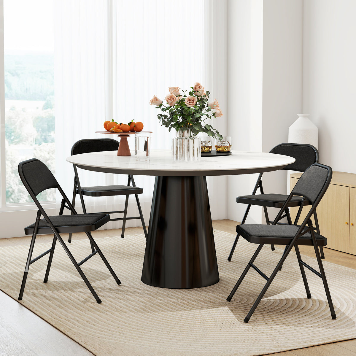 HOMCOM Linen-Look Set of Four Cushioned Folding Chairs - Black