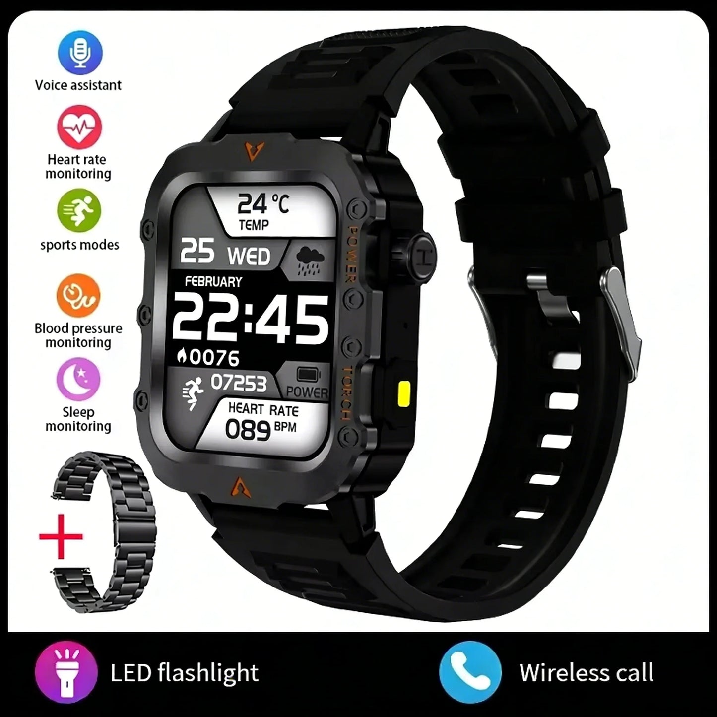 LAXASFIT 2026 New Men's Smart Watch Outdoor Sports Watch 1.85 Inch Voice Assistant Bluetooth Call LED Flashlight Smartwatch
